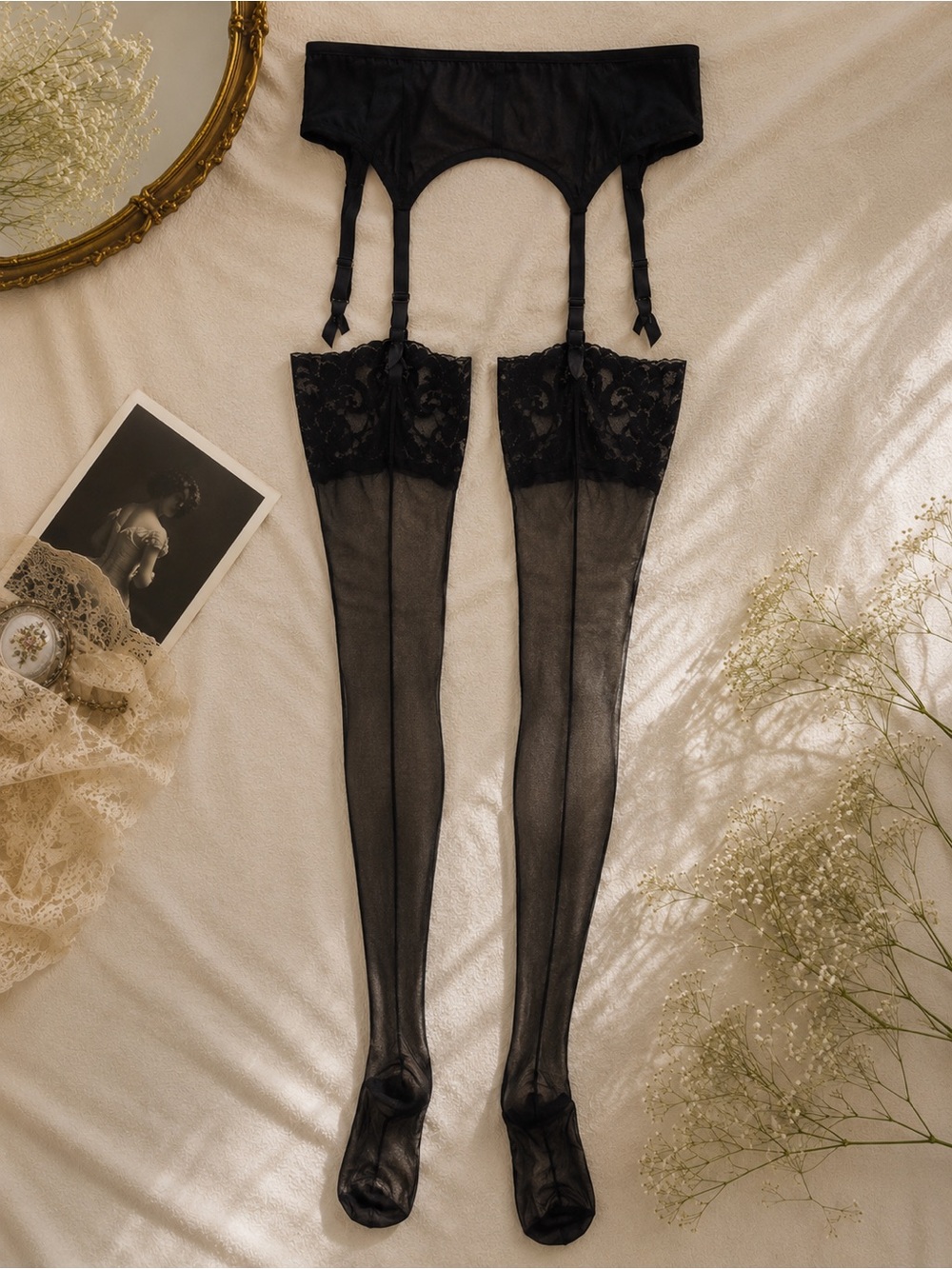 Vintage Inspired Black Garter Belt with Seamed Stockings